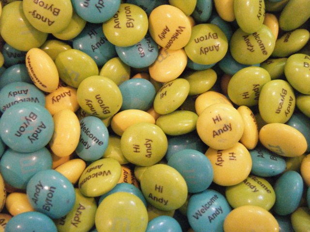 M&Ms that say Andy Byron, Hi Andy, and Welcome Andy!!